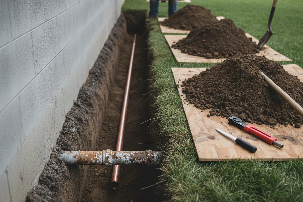 Excavated water line trench during Water Softener Installation in Julian